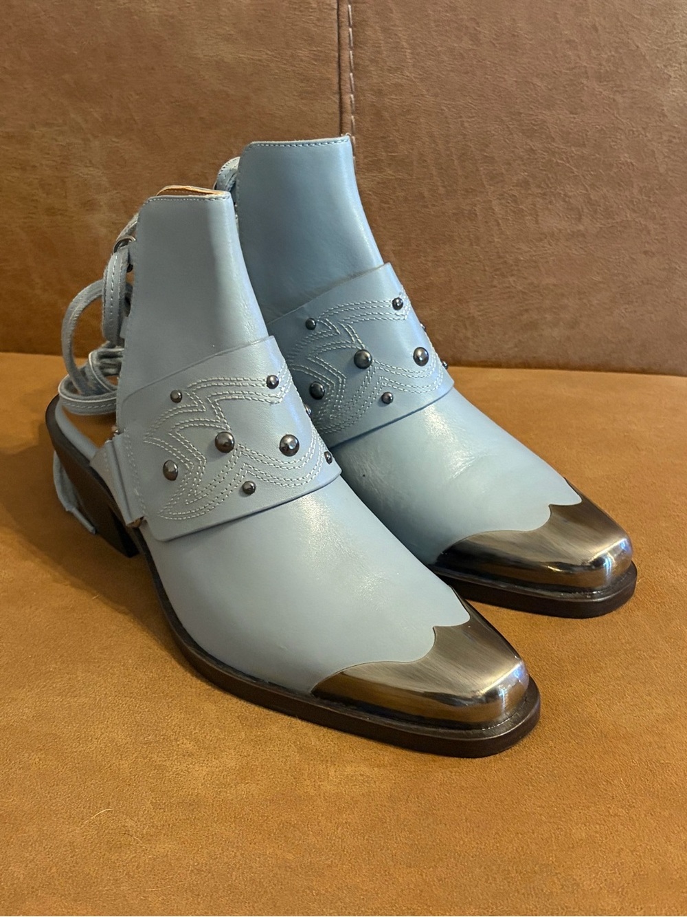 Free People Rory Blue Studded Western Shoe Boots w/Metallic Toe Sz 7.5 NWT